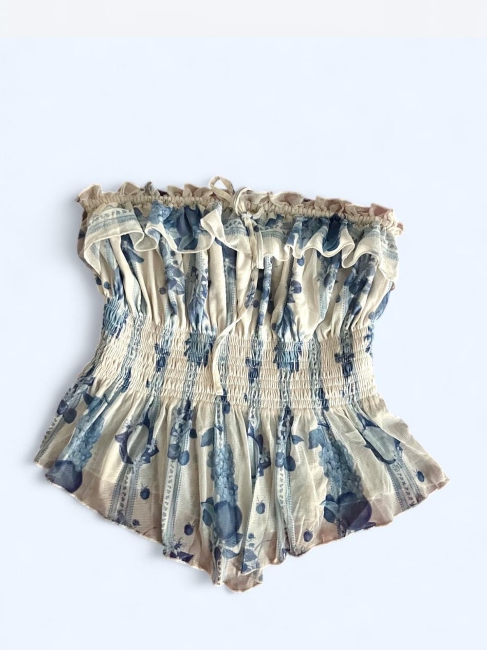 Urban Outfitters Blue Floral Smocked Strapless Top
